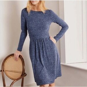 Boden Dress Size US 8 UK 12 Abigail Navy Blue Floral Jersey Midi Long Sleeve NWT